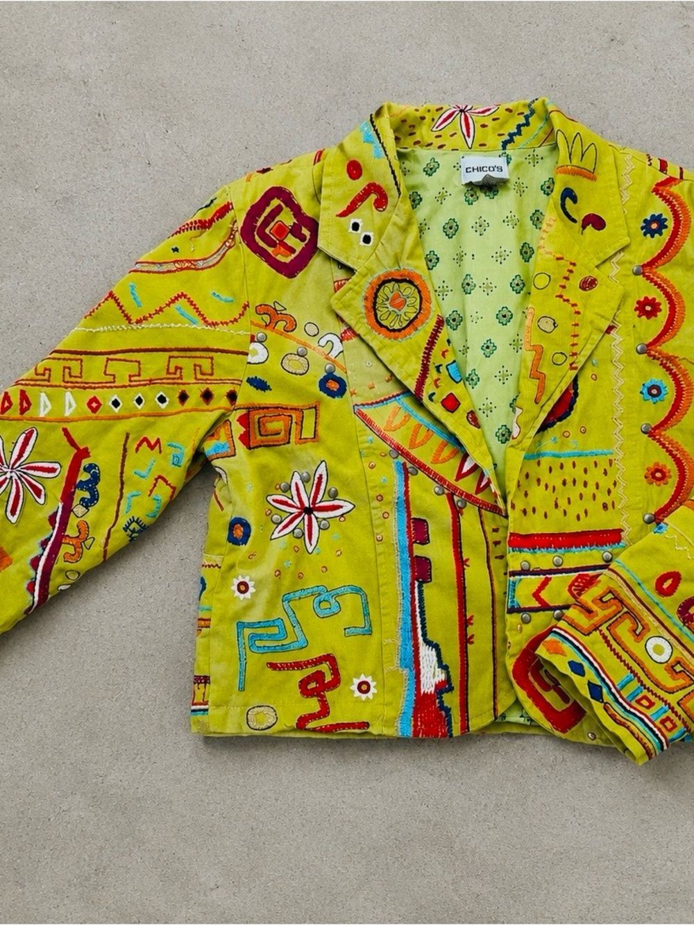 Chico’s Vintage Embroidered Jacket Size 8/10 Boho Art To Wear Cotton Colorful